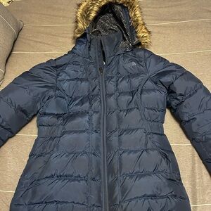 The North Face Dark Blue Puffer Jacket with Faux Fur Trim